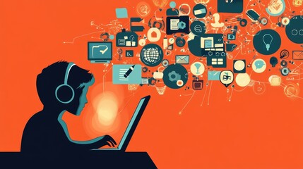 Digital illustration of online learning, showing a student attending a webinar with education tech icons.