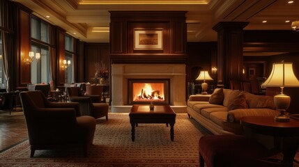 Cozy Fireplace in a Luxurious Hotel Lobby