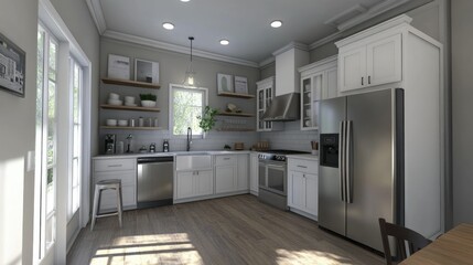 Elegant kitchen setup with white cabinets, silver refrigerator, and decorative shelving, giving a modern vibe.