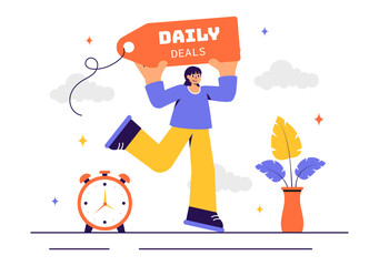 Daily Deals Vector Illustration Showcasing Various Shopping Items with Increasing Discounts to Ideal for Promotions, Sales, and E-Commerce Background
