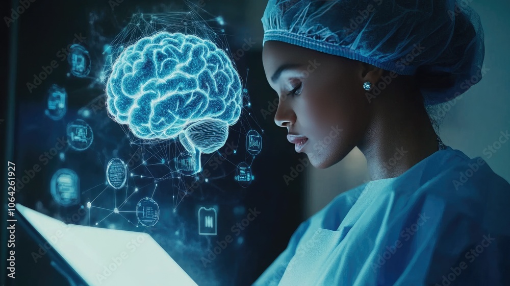 Poster Medical professional in scrubs analyzing a digital tablet displaying a brain with neural networks and technology icons.