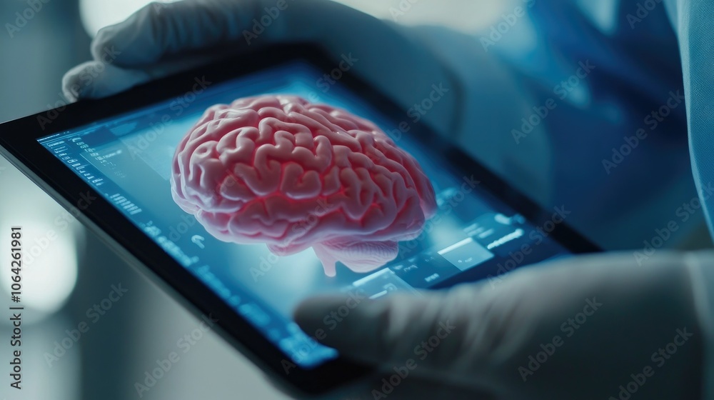 Poster Medical professional using a digital tablet with a 3D brain model, displaying real-time diagnostics and health data.