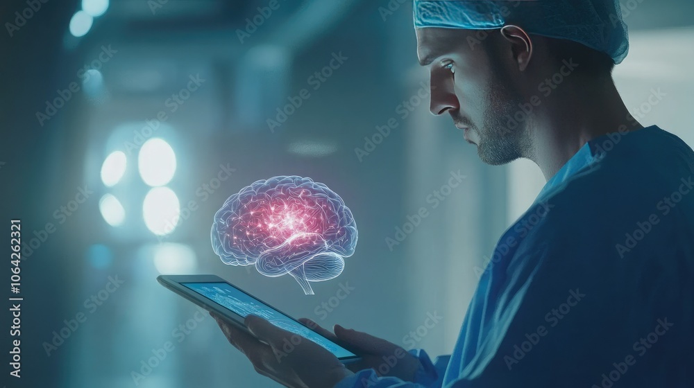Poster Side view of a doctor in scrubs holding a tablet with a detailed brain hologram, exploring cognitive functions.
