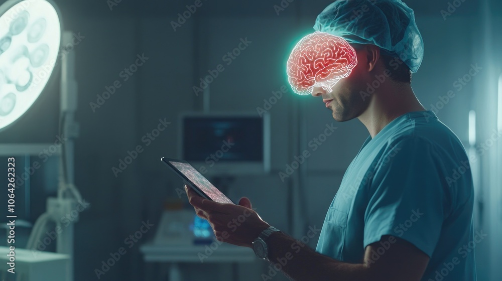 Poster side view of a doctor in scrubs holding a tablet with a detailed brain hologram, exploring cognitive