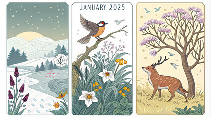 January 2025 calendar illustration featuring nature scenes, wildlife, and flowers