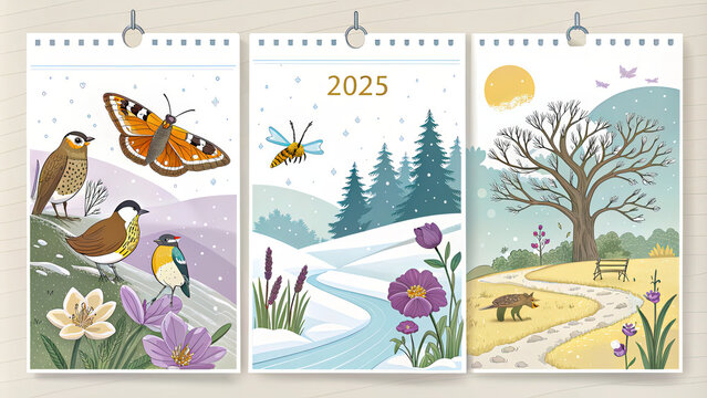 Beautiful illustration of 2025 calendar featuring seasonal nature scenes