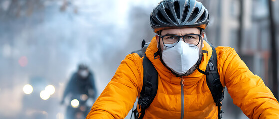 Cyclist navigates urban smog while wearing protective mask