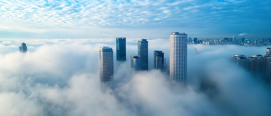 Fototapeta premium Explore the mystique of urban landscapes enveloped in dense fog