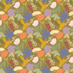 seamless ditsy floral pattern with dark green isolated background