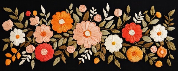 Colorful embroidered flowers on a black background, showcasing vibrant floral designs with leaves.