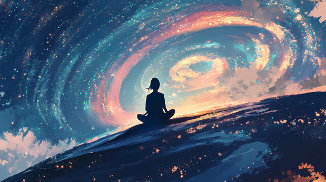 A galaxy swirl backdrop as a figure meditates, capturing the mystical union of cosmos and tranquility. Mystical. Illustration