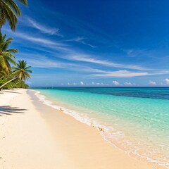 tropical beach paradise with palm trees clear blue sky and turquoise ocean water