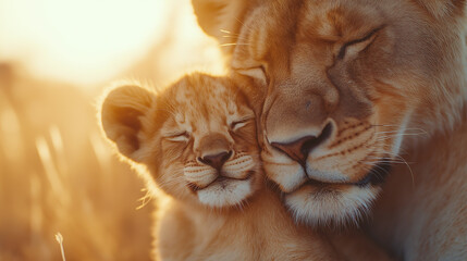 Obraz premium Close-up of a lioness tenderly grooming her cub, her tongue smoothing his fur as he leans into her touch with a relaxed expression.