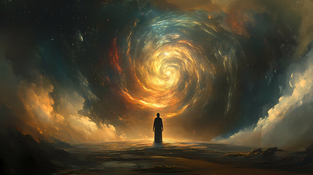 A galaxy swirl backdrop as a figure meditates, capturing the mystical union of cosmos and tranquility. Mystical. Illustration