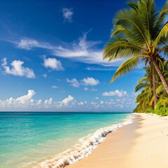 tropical beach with palm trees and turquoise waters under a blue sky