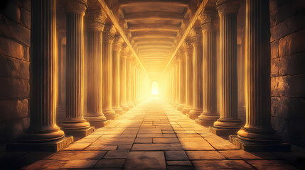 Fototapeta premium A mystical corridor lined with stone columns, illuminated by a soft glow, evoking a sense of mystery and ancient history. Mystical. Illustration