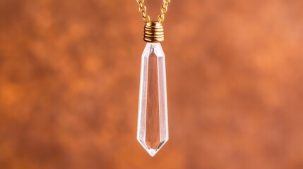 Elegant crystal pendant on a delicate chain, set against a warm bokeh background.