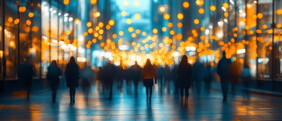 City lights dance, silhouettes wander, evening stroll, urban blur, glowing atmosphere, bustling streets, vibrant scene