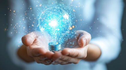 Innovative Energy, glowing lightbulb in hands, symbolizing creativity, technology, interconnected ideas, bright future