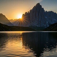 golden sunset over tranquil mountain lake with dramatic peaks and reflections in water