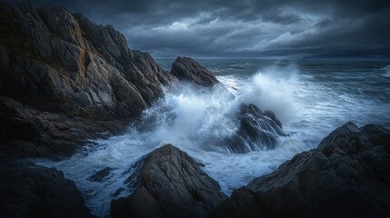 Obraz premium Powerful waves collide with steep cliffs as dark clouds loom overhead, creating a captivating and tumultuous coastline. The atmosphere feels intense, invoking the might of nature during twilight.