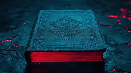 Intricate mystical book with glowing red pages on a dark, cracked surface.