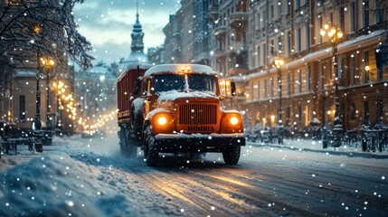 Fototapeta premium Snowy Scene with Truck in Urban Environment