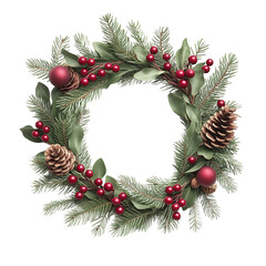 A flower crown with pine needles and red berries Transparent background