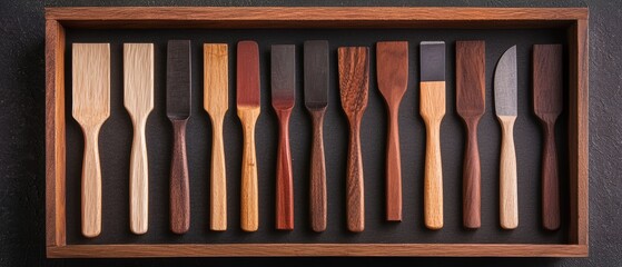 Set of wooden spatulas in a tray, isolated on a dark background.