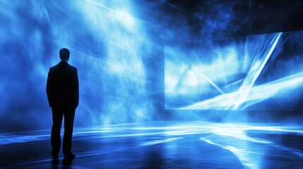 Fototapeta premium Dynamic Speaker in High-Tech Conference Setting with Motivational Visual Aids and Spotlight