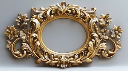 Wide oval gold frame featuring intricate leaf patterns prominently displayed on a blank white canvas. Elegant and expansive form concept