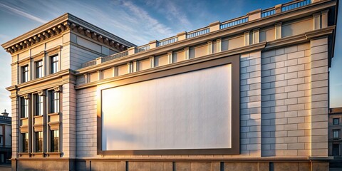 Fototapeta premium An expansive blank canvas, bordered by a stately stone facade, bathed in the soft glow of the setting sun, offers a prime location for impactful visual storytelling.