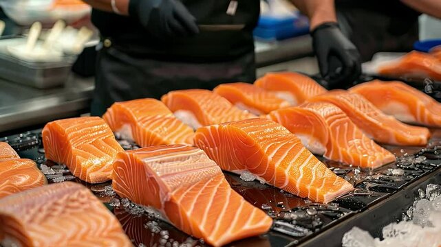 Fresh Salmon Filets: Premium quality salmon filets displayed on ice, ready for preparation. A captivating image for culinary and seafood businesses.