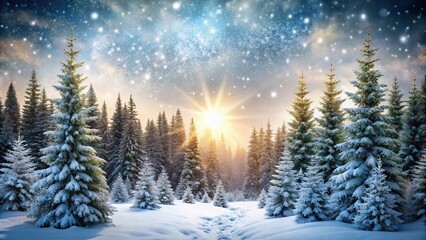 Snowy forest landscape with towering evergreen trees and sparkling snowflakes, snow covered ground, christmas tree