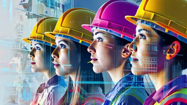Women in Construction: A row of four women in hard hats and reflective vests look towards a futuristic digital cityscape.