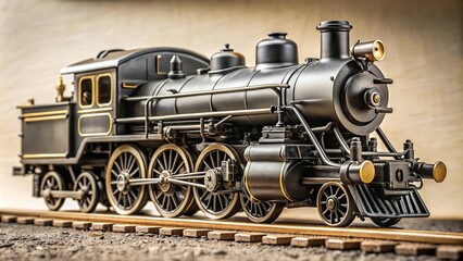 Obraz premium Vintage black locomotive toy train with reed wheels low angle view