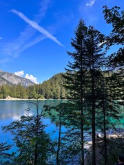 Beautiful view of the lake at Lago di Tovel, Trentino, Italy.