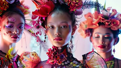Floral Fantasy: Three stunning models adorned with intricate flower crowns and vibrant makeup, their beauty captivating in a surreal and ethereal setting. - Powered by Adobe
