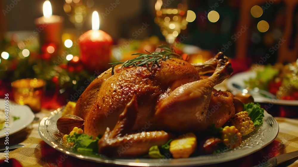 Fototapete grilled chicken head background with corn serve on a glass plate as a main course at a festive table