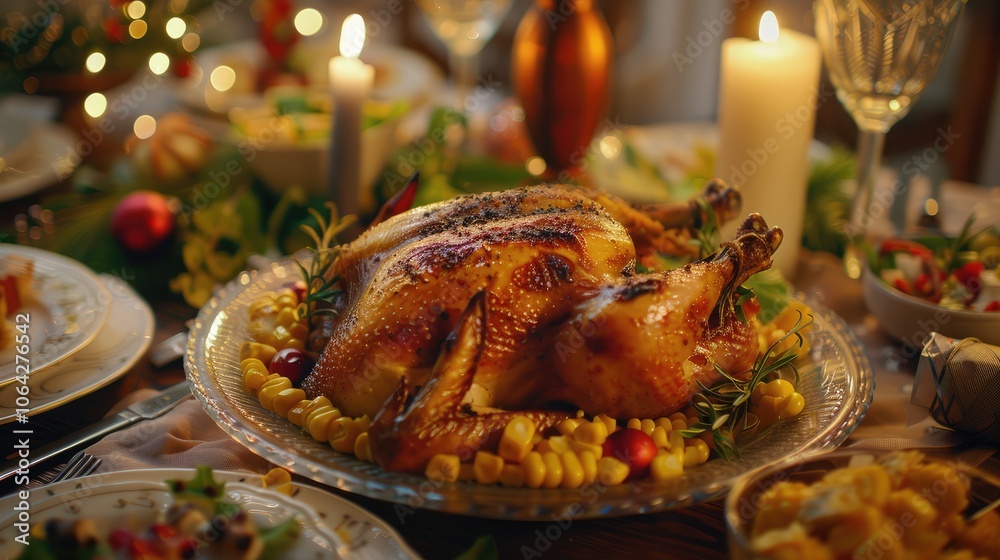 Fototapete grilled chicken head background with corn serve on a glass plate as a main course at a festive table