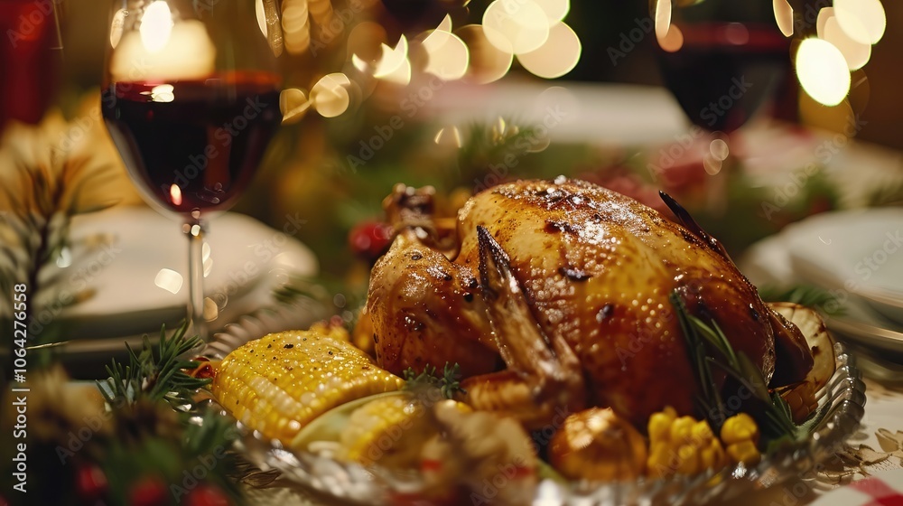 Fototapete grilled chicken head background with corn serve on a glass plate as a main course at a festive table