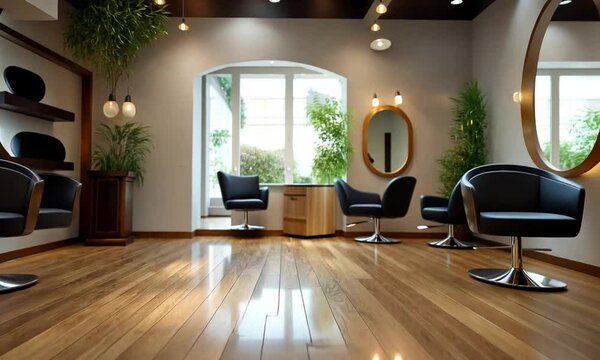 Blurred view of a salon interior with wooden floor and salon chairs.
