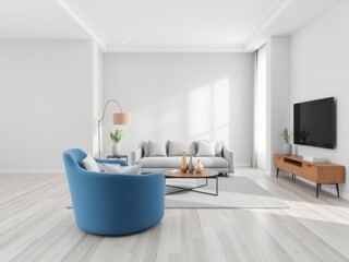 Modern living room with blue armchair and coffee table, minimalist interior design, contemporary furniture, stylish decor, spacious layout, 3d rendering, living room, minimalist, 3d rendering