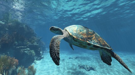 Obraz premium A giant sea turtle gliding gracefully through blue ocean water