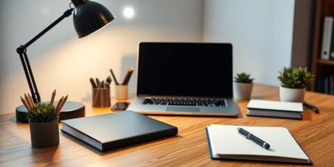 Modern workspace with laptop, notebook, pen, plants, and lamp on wooden desk, organization, pen, technology