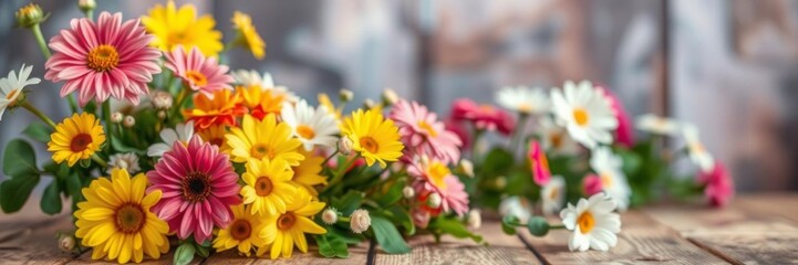 Multiple exposure shot of vibrant flowers arranged on a rustic wooden table with selective focus, flowers, background, multiple exposure