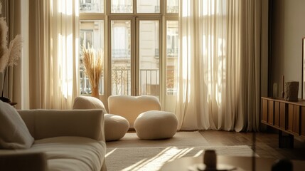 Fototapeta premium Cozy Living Room with Soft Textiles and Natural Light