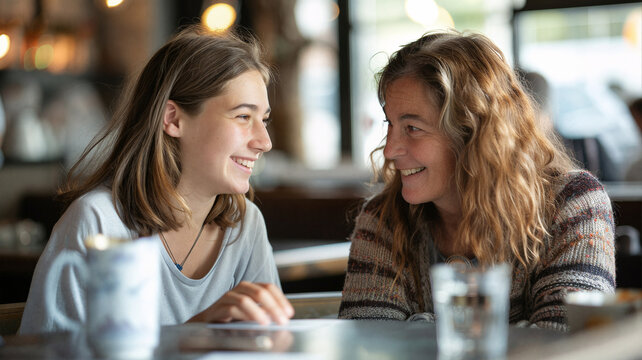 Woman and teenage girl smiling and enjoying a conversation at a cozy cafe, creating a warm and relaxed atmosphere with soft natural light