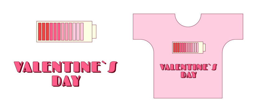 Happy Valentines day concept. Mobile phone battery level. Design for print tshirt and other clothes. Trendy retro groovy style. Vector illustration