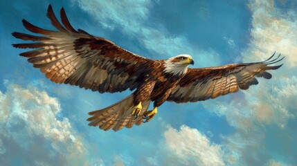 Fototapeta premium An eagle soaring high with its wings spread wide against a blue sky